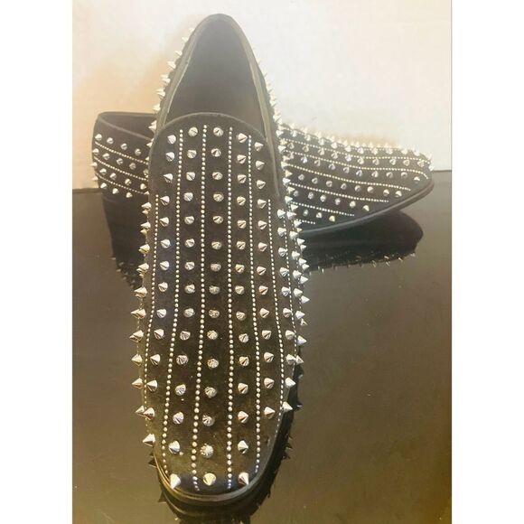 AM Exclusive Black With Silver Rhinestones & Spikes Slip-on Red Bottom Size 9.5M - Picture 11 of 12